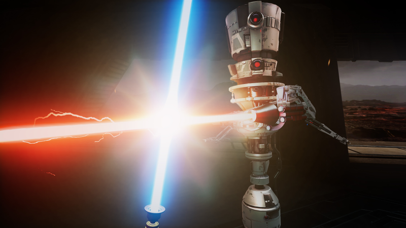 An image of the droids from the dojo lightsaber battle.